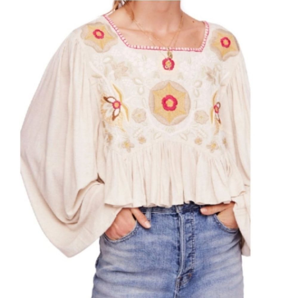 Free People Claudine Embroidered Top In Nude Womens Size Medium OB840166